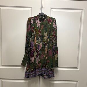 FARM Rio Olive Green Floral Long Sleeve Mini Dress with Pink & Purple Accents